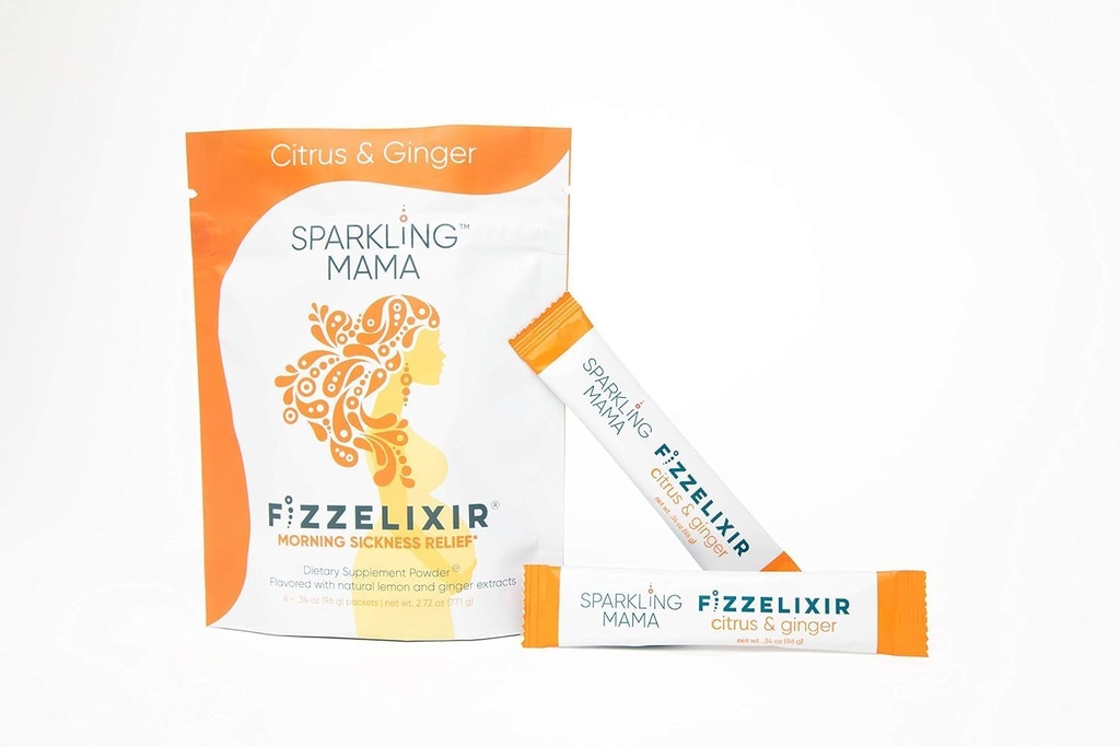 MAMA SPRKLING: Bebida matinal de doença, Mistura Efervescente de Fizzelixir Settles The Stomach, Gravidez, 1o Trimester, IBS, Náusea, EUA Made (Vitamina B6, Magnésio e Ácido Fólico), Citrus & Ginger 18 Sticks