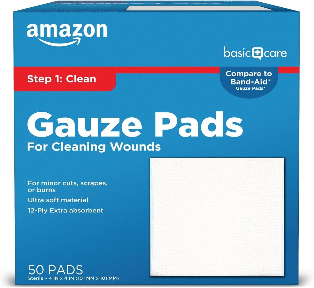 Patas de gauro básico, 4x4 polgadas Sterile Medical Wound Dressing Sponges para limpeza, Cubrir, & Cushioning Cuts & Minor injurys, 50 Conde (Pack of 1), (anteriormente All Health)