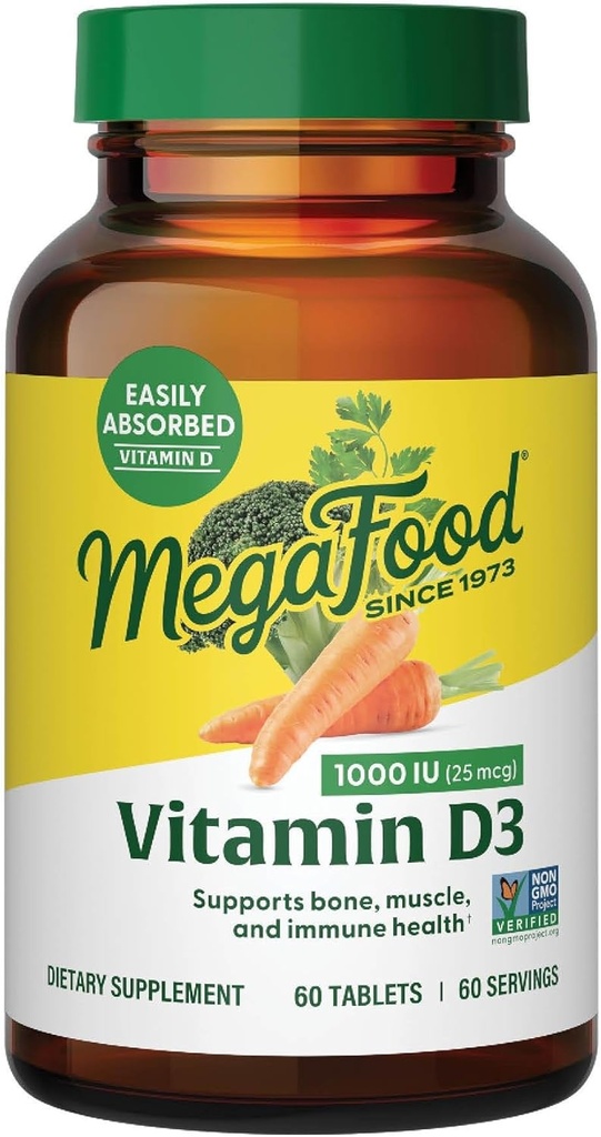 MegaFood วิตามิน D3 1000 IU (25 McG) - วิตามิน D Supplement with Real Foods, Immun Super, Bones, Teth & Barters, Gregian, Glute-fore, Not-GMO, Kosher – 60 Towns, 60 serverments