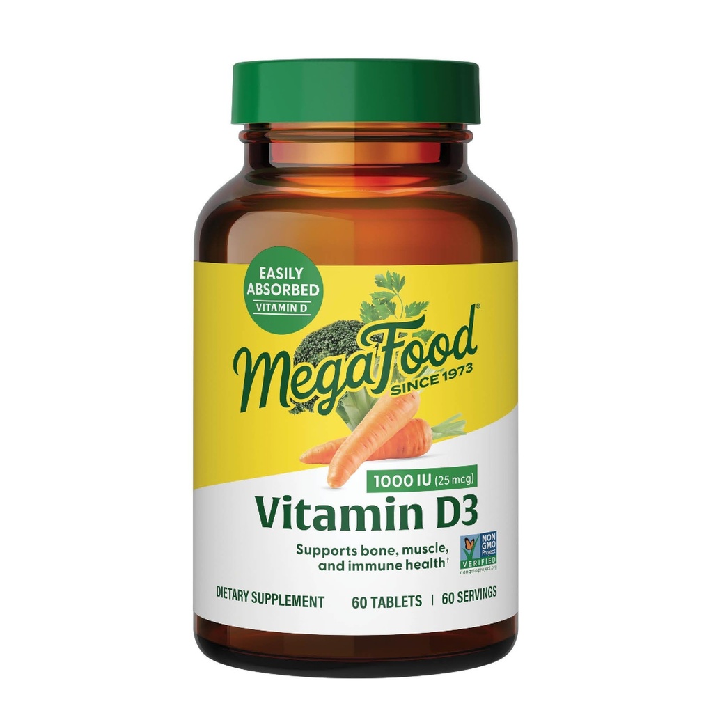 MegaFood Vitamin D3 1000 IU (25 mcg) - Vitamin D Supplements with Real Food, Immune Support, Supports Bones, Teeth & Muscles, Vegetarian, Gluten-Free, Non-GMO, Kosher – 60 Tablets, 60 Servings