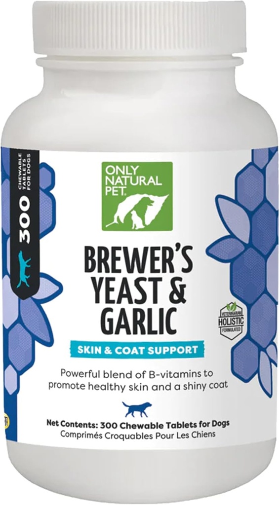只有自然宠物Brewer的Yeast & Garlic Chewables - 全自然花纹 & Tick Protection for Dogs - 加固B维生素 - 促进健康皮肤 & Coat - 300个计数板