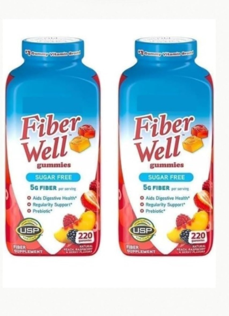 Fiber Well Sugar Free Gummies Suplemento, Peach, Strawberry e Berry Flavored (2 botellas, Sugar Free)