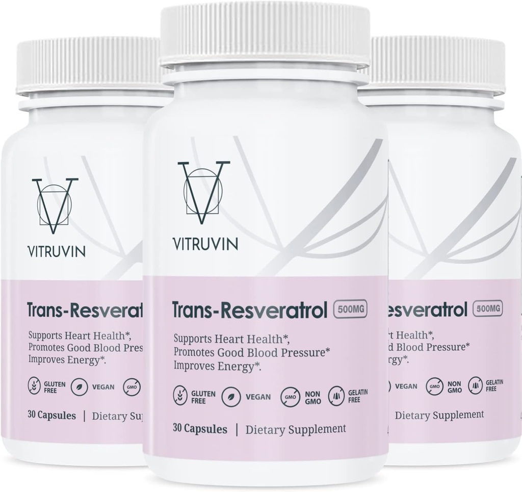 Vitruvin Trans- Resveratrol 500mg, 3 бутилки пакет, Веган, Non-GMO, Gluten-Free, Желатин-Free.