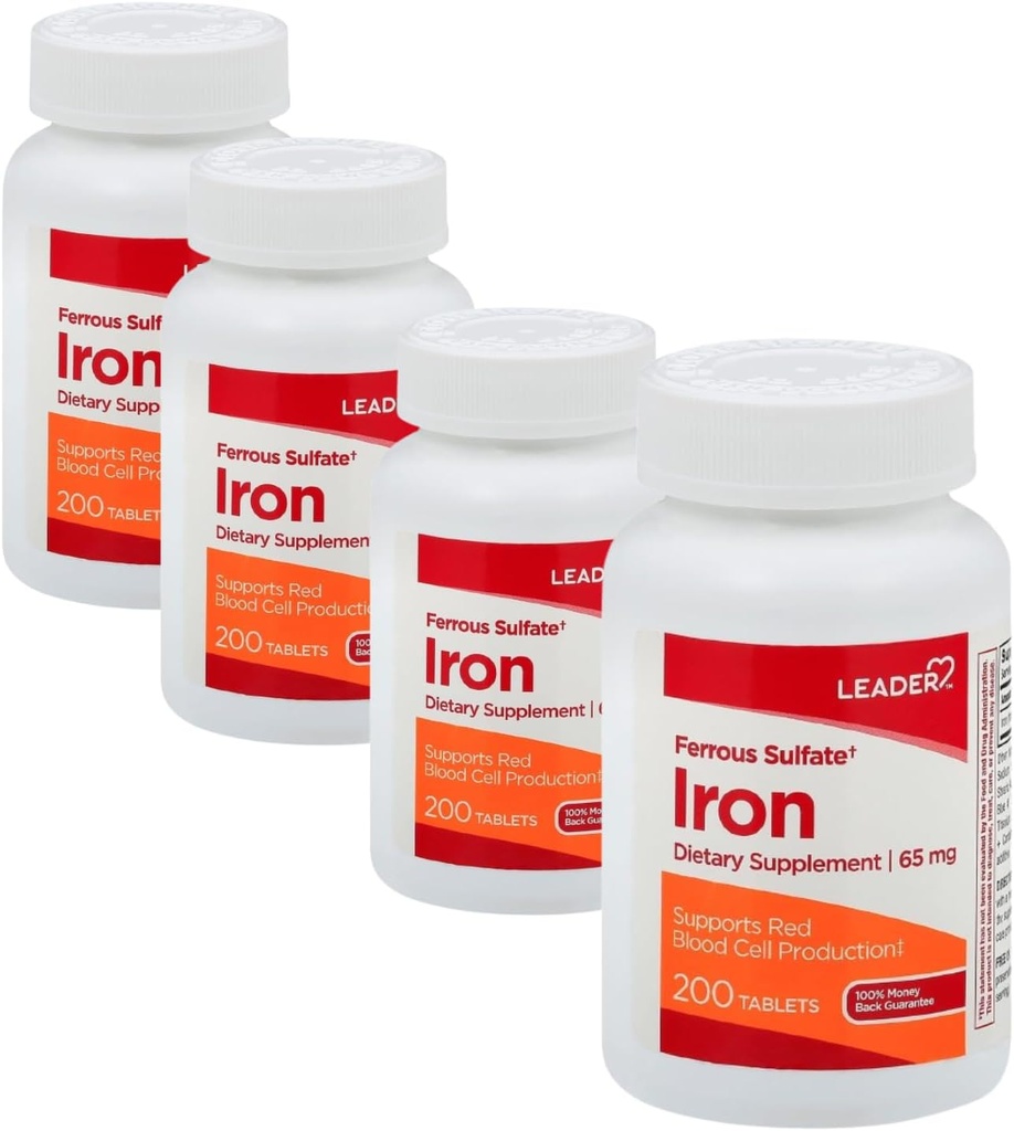 Leader Ferrous Sulfate 65MG tablete 200 Ct. železov dodatek za energijo in vitalnost