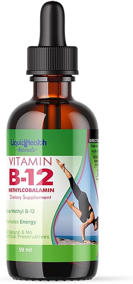 LIQUIDHEALTH Vitamina B12 Methylcobalamin Liquid Drops with Sublingual Hydroxocobalamin - Boost Energy, Support Immune System, Improve Memory & Concentración - Made in USA, Vegan, Non-GMO (2 oz)