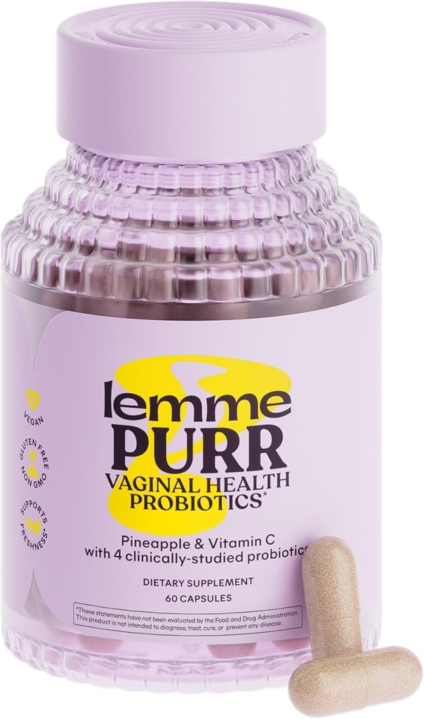 Lemme Purr Probiotiques vaginaux pour les femmes - Promotion de l'équilibre du pH, santé de l'odore vaginale et du trac urinaire sain avec mélange Lactobacillus, souches testées cliniquement, ananas et vitamine C - 60 gélules de légumes