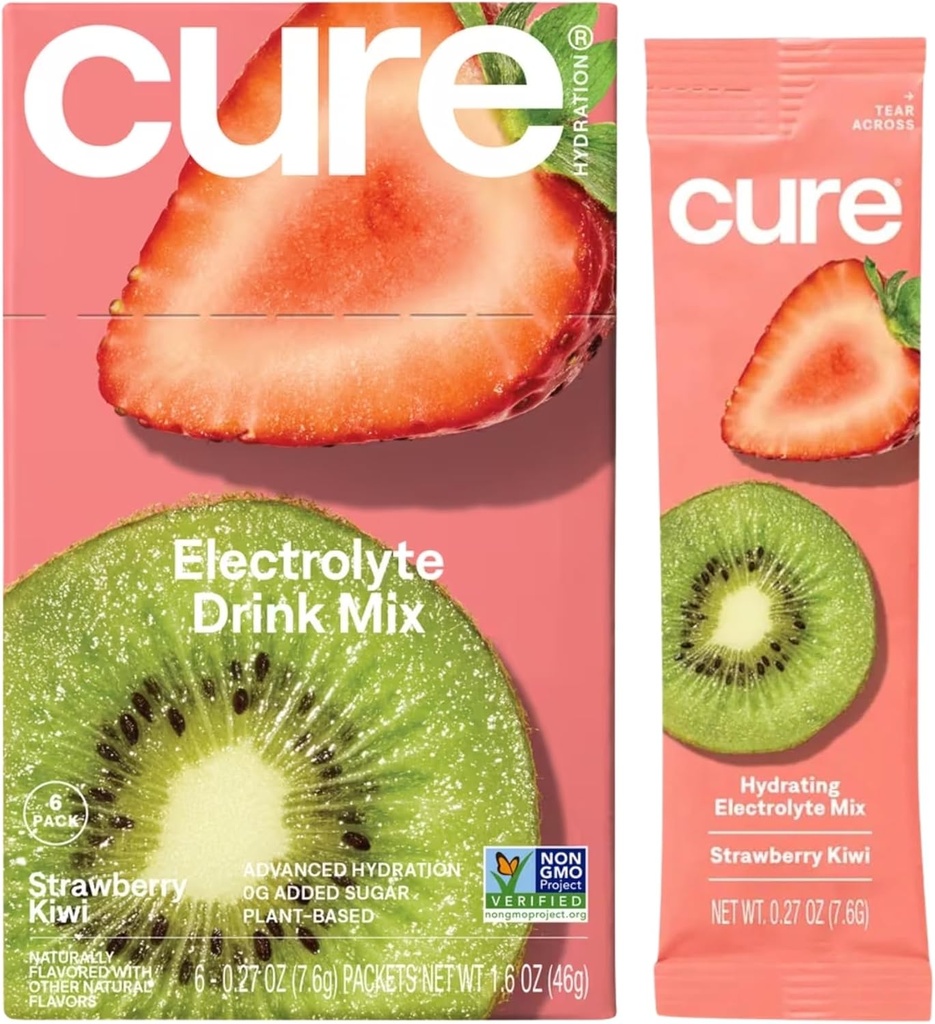 Cure Hydration | Plant-Based Electrolyte Drink Mix | No Add Sugar | Dehüdratsioon Relief Pulber valmistatud kookosvesi | Non-GMO | Vegan | Karp 8 pakendit - Maasikas Kiivi