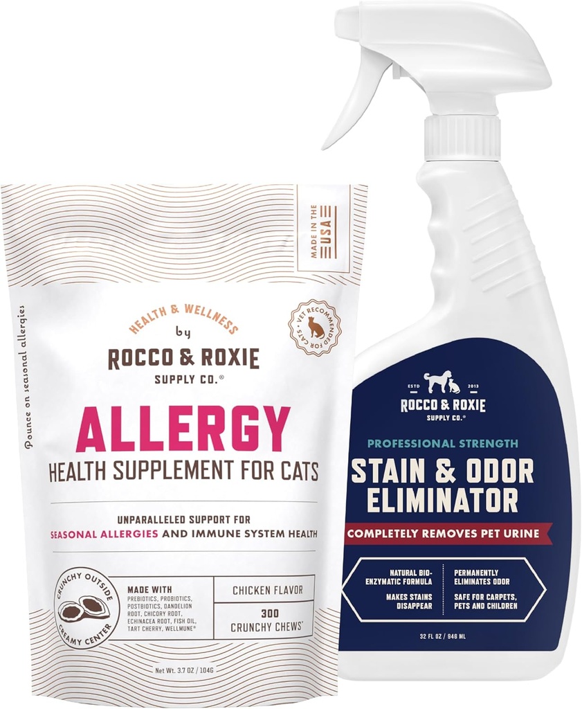 Rocco eta Roxie Cat Alergiaren Gehigarriak eta Stain & Odor Eliminator Bundle