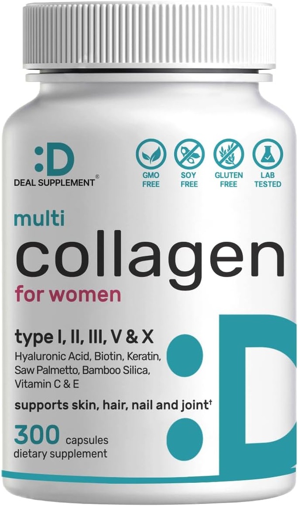 Multi Collagen Pills dengan Vitamin C, E & Biotin, 300 Capsules - Collagen Collagen Peptides - 11 dalam 1 Formula dengan Saw Palmetto, Bamboo Silica, & Hayaluronic Acid - Rambut, Skin, Nail, & Gabungan Kesehatan