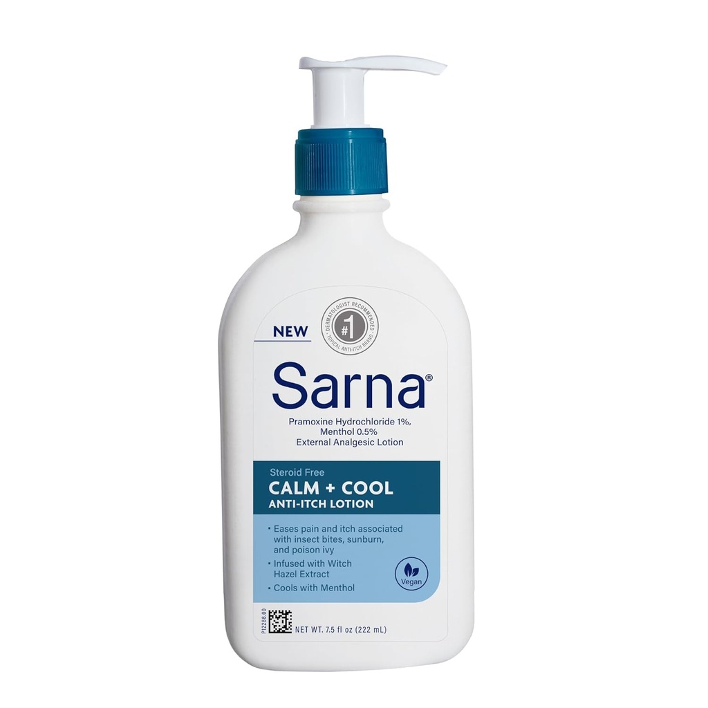 Sarna Calm + Cool Anti-Itch Lotion, Soothe e Relieve Pain e Itch da Insect Bites, Sunburn, & Poison Ivy, contiene 1% Pramoxine Hydrochloride, 0.5% Menthol, Vegan, Steroid-Free, 7.5oz