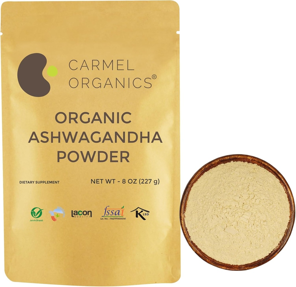CARMEL ORGANICS Organic Ashwagandha Root Powder (8 Oz ou 227g/0,5 Lbs) USDA Certified. Teste de laboratório, sem OGM e sem glúten, Withania Somnifera da Índia