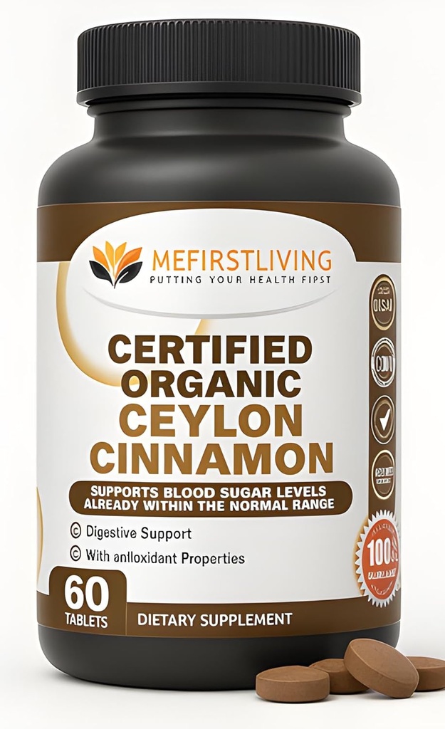 Me First Living Ceylon Cinnamon 1000mg, 100% Ceilán orgánico certificado Cinnamon, Non-GMO, True Cinnamon, Metabolism Support, Antioxidante - 60 tabletas