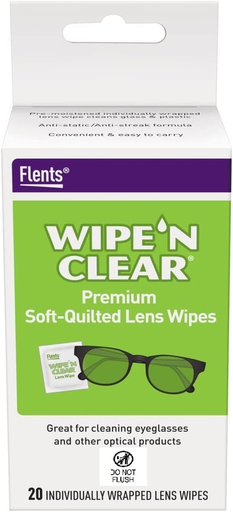 Flents Lens Wipes, Wipe 'N Clear, 20 Hrabia, Nawilżone, Streak- Free, Bezpieczne dla okularów, Anty- Fog, Delikatne czyszczenie, Czyszczenie, Czystość, Indywidualnie zapakowane dla podróży i wygody, Made in USA