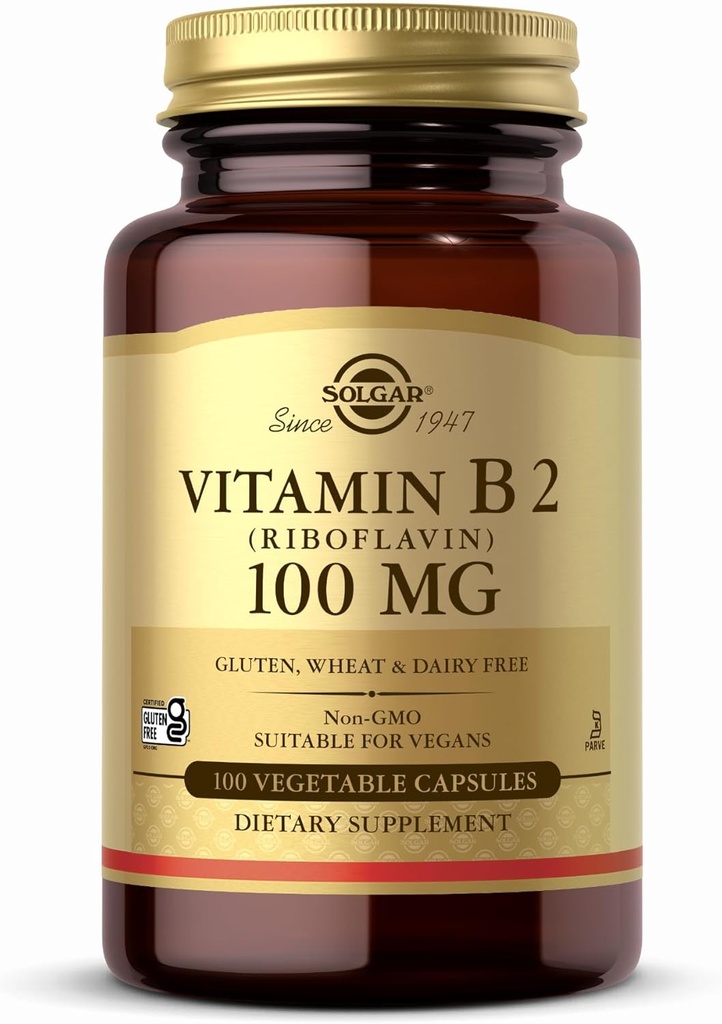 Solgar Vitamin B2 (Riboflavin) 100mg - 100 Zeleninové kapsle - Non- GMO, Vegan, Gluten Free, Dairy Free, Kosher - 100 Služeb