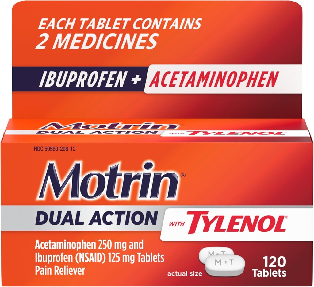 Motrin Dual Action with Tylenol, Ibuprofen & Acetaminophen Fast- Active Dual Action Pain Reliever for Minor Aches & Pains, Ibuprofen (NSAID) 125 mg & Acetaminophen 250 mg, 120 ng