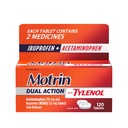 Motrin Dual Action with Tylenol, Ibuprofen & Acetaminophen Fast-Acting, Long Lasting Pain Reliever for Minor Aches & Pains, Ibuprofen (NSAID) 125 mg & Acetaminophen 250 mg, 120 ct