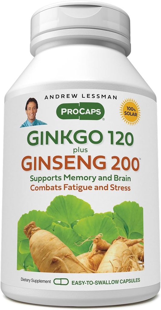 ANDREW LESSMAN Ginkgo 120 Plus Ginseng 200mg - 60 kapsler - Standardized Extract Blend til støtte hjerne, hukommelse og kognitiv funktion. Adaptogen, Combat Stress og Træthed. Ingen tilsætningsstoffer