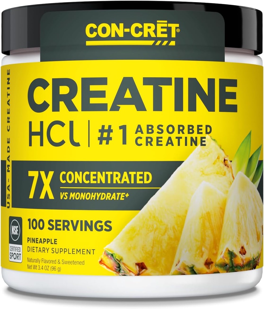 CON-CRET Creatine HCl pulver | Muskel, Kognitiv, Cellular Energy Support | Ingen Bloating eller Cramps | USA laget og NSF sertifisert | Pineapple (100 Servering)