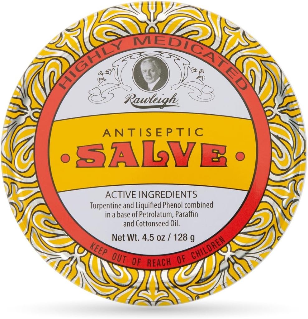 Rawleigh Antiseptinen Salve Iconic Yellow Big Tin: 4,5 oz, Natural, Multi-Purpose Outment Soothes ihon paloja, mustelmia, Ärsytys, kanssa Tärpätti, Fenoli, Puuvillansiemenöljy, Alkuperäinen Formula - pakkaus 1