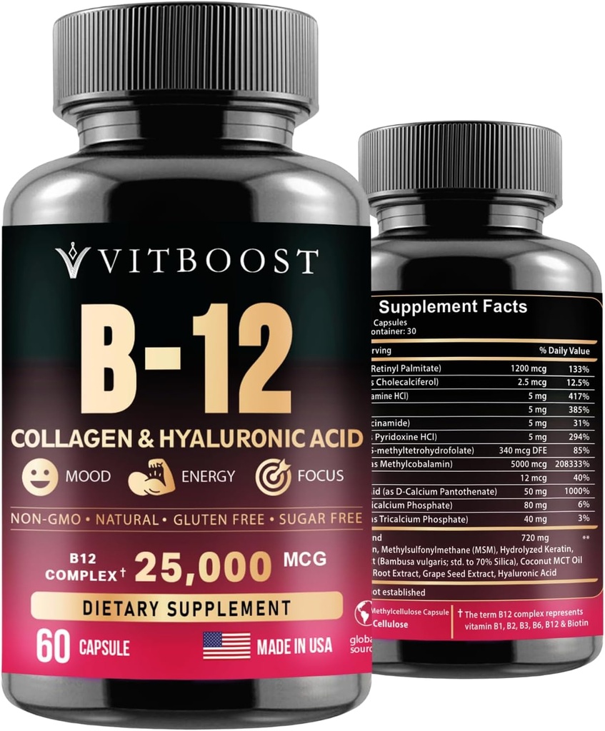 B12 con acido ialuronico, collagene e follia – 25000 mcg B12 Complex | massimizzare l'assorbimento e l'energia | Gluten Free USA Made, B1, B2, B3, B6, B7, B12 Vitamine 5000 mcg Methylcobalamin - 60 Capsule