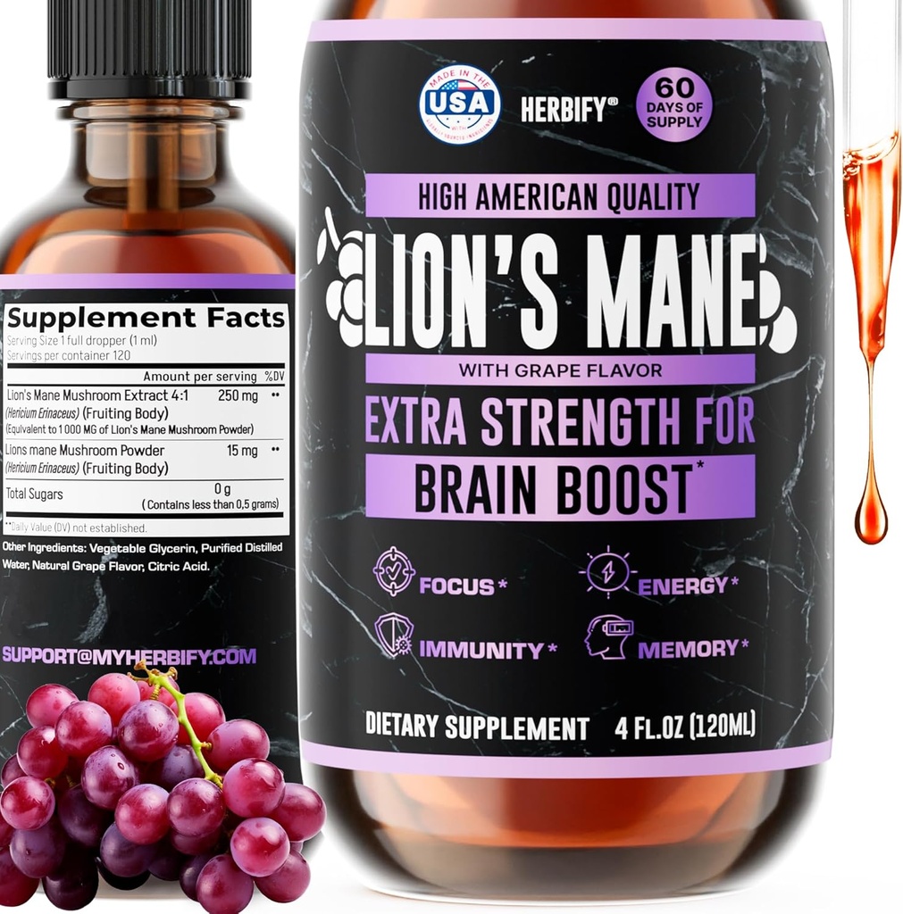 HERBIFY Lions Mane Supplement - Daglig Mushroom Supplement för minne, fokus och klarhet - Brain Booster - Lions Mane Tincture för immunstöd - 4 Fl oz Grape Flavor