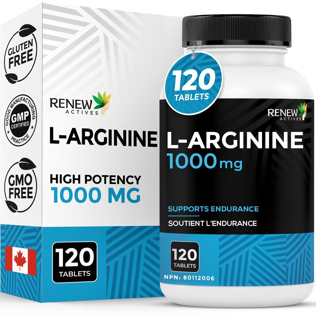 Renew Actives L-Arginine Supplement 1000MG for Serving - Strength & Endurance, Essential for Protein Synthesis & Muscle Function, Physical Performance Booster - Made in Canada - 120 Tablets