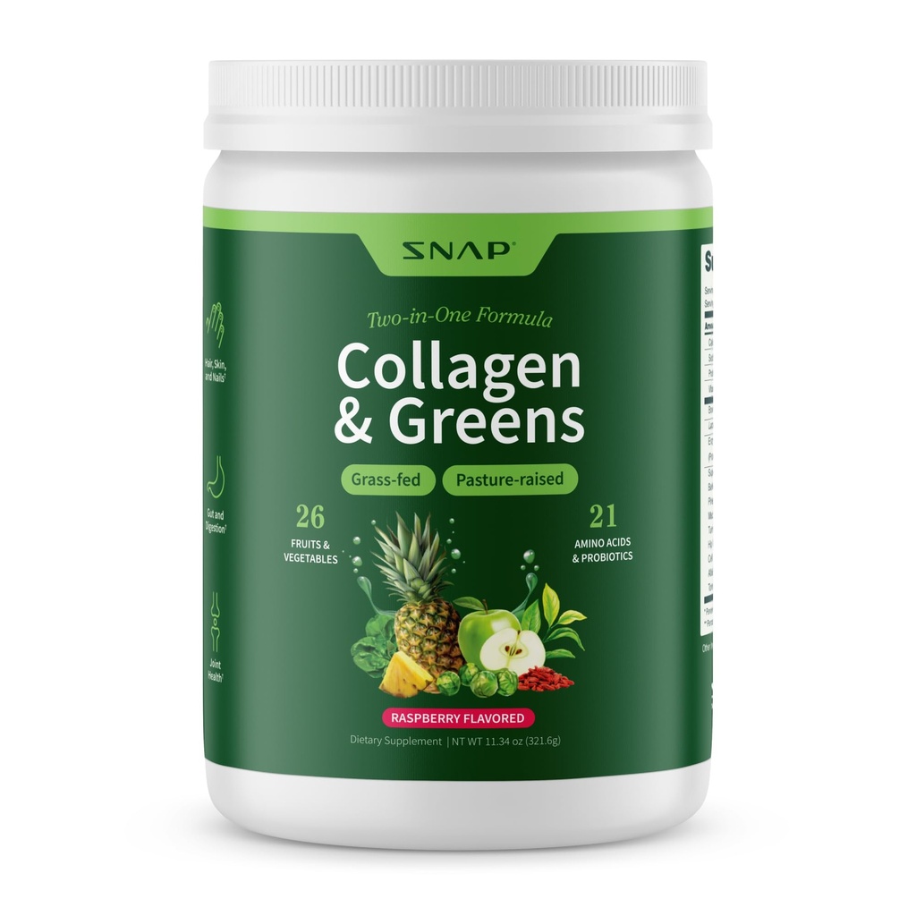 Snap Supplements Super Greens Powder with Collagen Peptides, 26 Fruits and Vegetables, Grass Fed, Non-GMO Daily Greens for Hair, Skin, Nails & Joint Support, 11.34 oz, (30 Servings, 1 Month Supply)