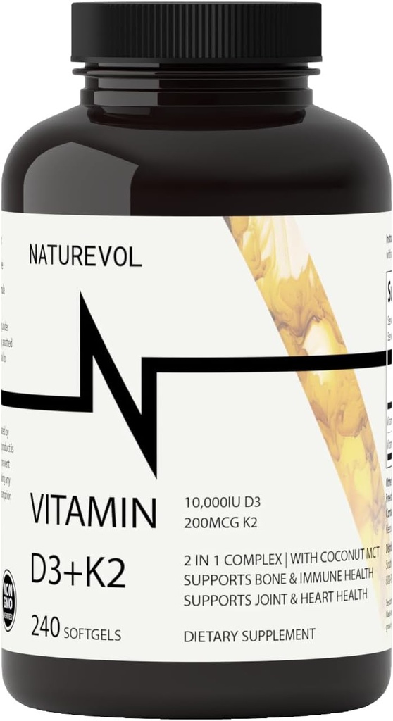 Vitaminas D3 + K2 w / Virgin Kokosų MCT aliejus - D3 10000 TV & K2 (MK- 7) 200 µg 124; 2- in-1 Kaulas, Imuninė ir širdies parama ® 124; Lengva nuryti, ne GMO, Gluten & Soy Free - Mini Softgels (240 Paslaugos)
