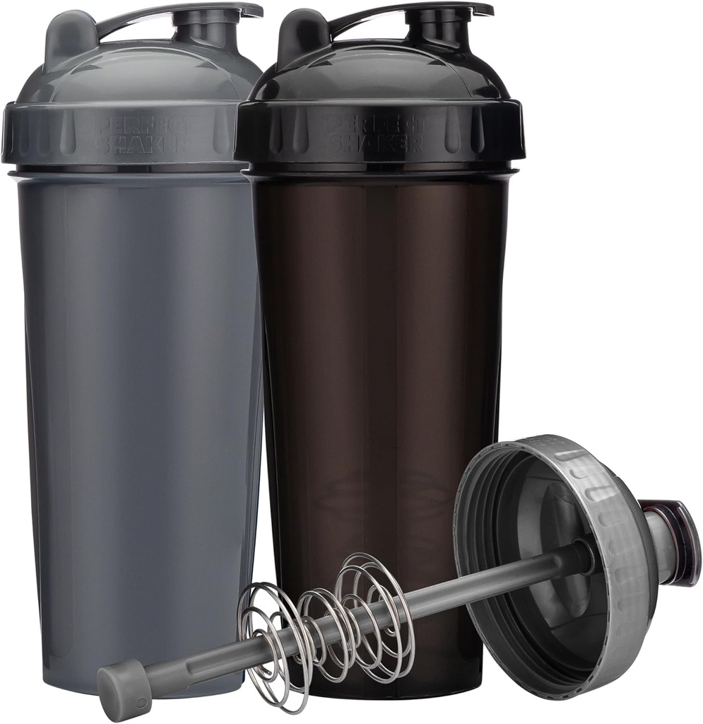 [2-Pack] 28-Ounce Shaker Bottle | Protein Shaker Bottle with Action-Rod Wire Mixer | Shaker Cups are BPA Free and Dishwasher Safe | Black & Gray