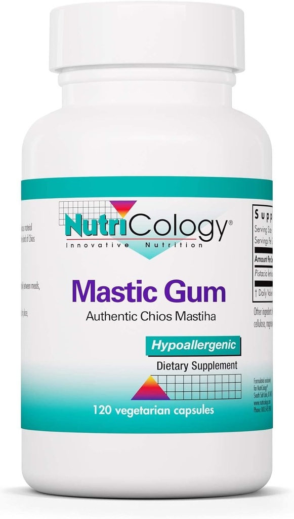Nutricology Mastic Gum Diétás kiegészítés - Hiteles Chios Matisha, GI Health, Hypoallergén, Vegetáriánus kapszula, Gluten Free - 120