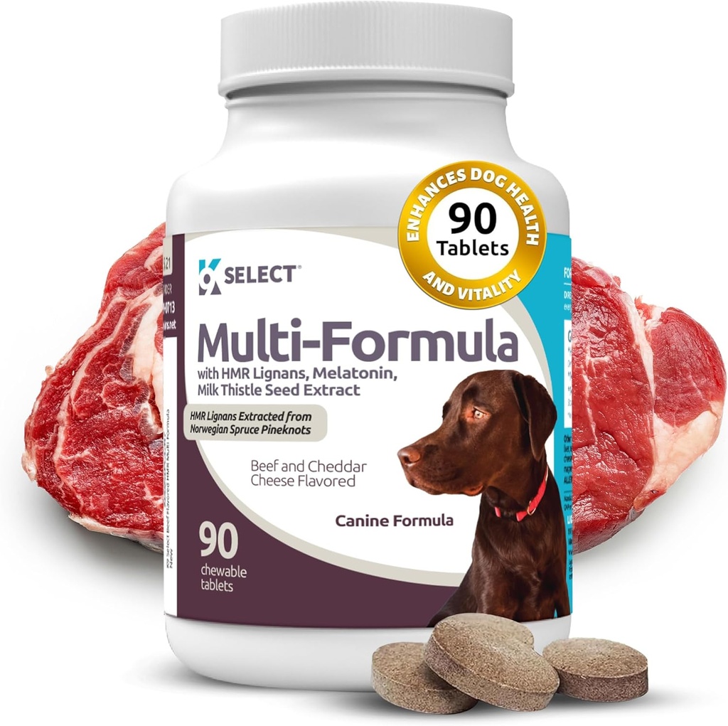 K9 Selecteer Multi-Formule Honden Vitaminen voor Grote Honden - 30mg HMR Lignans, 3mg Melatonine, 60mg Melkdistel - Helpt Hart, Lever, Digestie, Huid & Coat Health, Honden Multivitamine, 90 tabletten, Rundsmaak