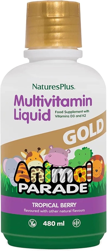NaturesPlus Animal Parade Gold Children's Liquid Multivitamin, 16 fl oz - Natural Tropical Berry Flavor - Integratore di supporto immunitario - Gluten Free, Vegan - 32 Serve