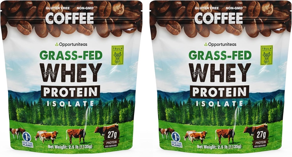 Opportcentias Grass Fed Fafe Wayi Protein Protes - 27g Protein Protes โดยไม่เติมน้ําหวาน, 60 mg Caffeine, Hormone-faces - 5 Ib.