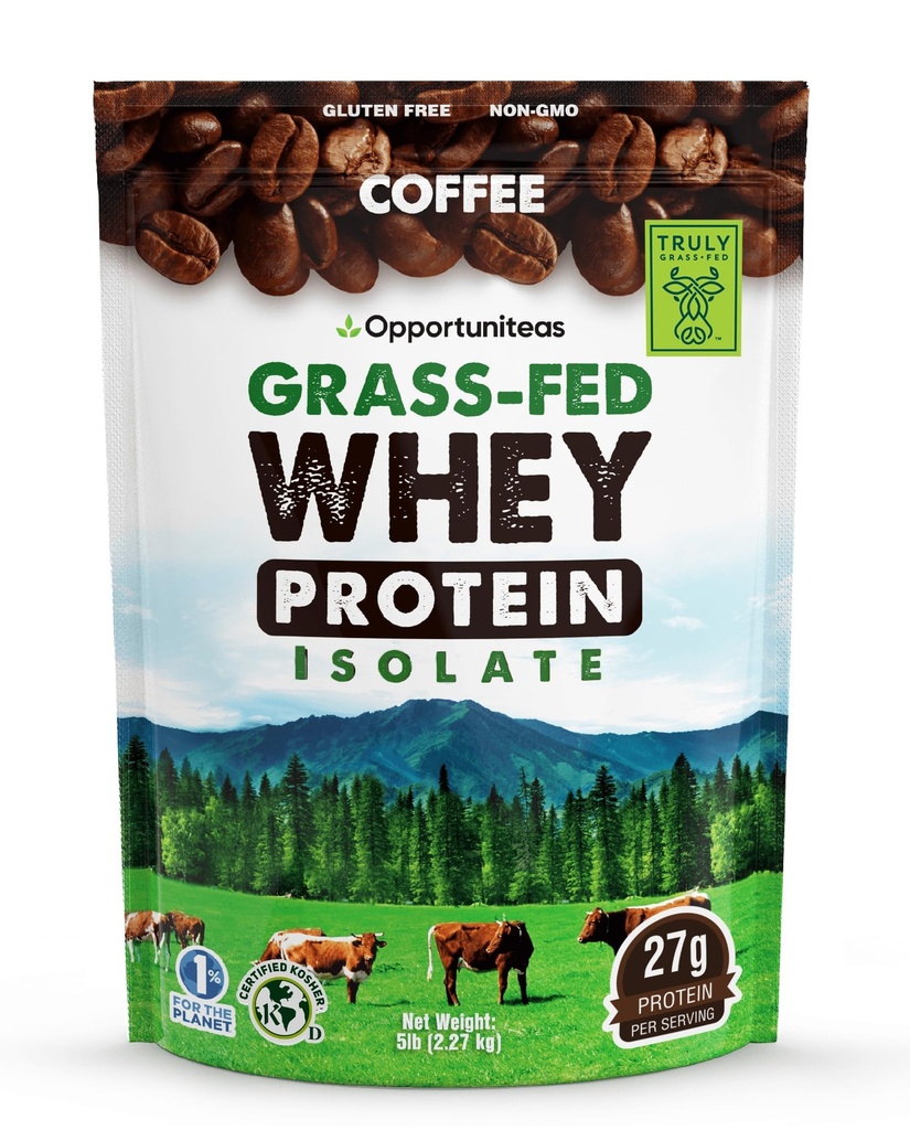 Opportuniteas Grass Fed Coffee Whey Protein Isolate Powder - 27g Protein Powder Without Artificial Sweeteners, Hormone-Free Happy Cows, Non GMO - 5lb