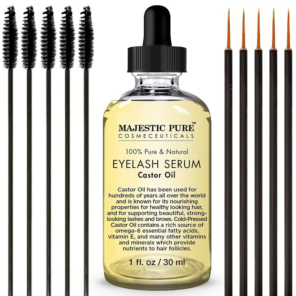 Majestic Pure Castor Oil Eyelash Serum - з Apple & Argan Stem Cells - Serum для більш більш товстих вій, брів і волосся - безкоштовний набір маскара щітка і очей Applicator - 1 fl oz