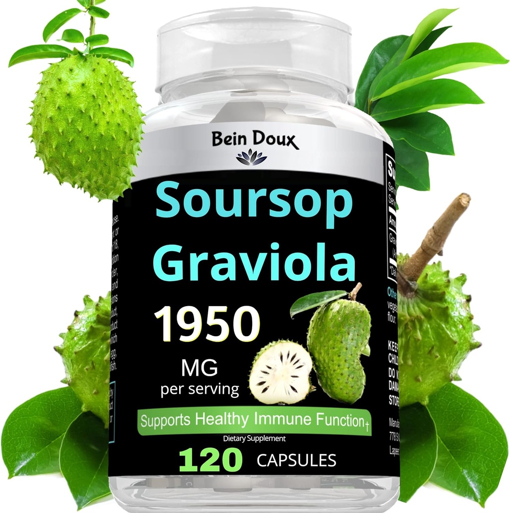 1950mg Soursop Graviola 캡슐 (Guanábana) 유기 Leaves Powder Rich in Potent Anti-Oxidants - 120 캡슐 40 서빙