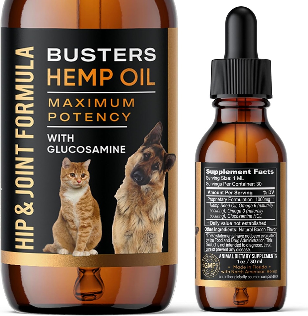 Busters Hip and Joint Hemp Oil Formula angereichert mit Glucosamin, Schmerzlinderung für Hunde und Haustiere, Arthritis und Advanced Mobility Support