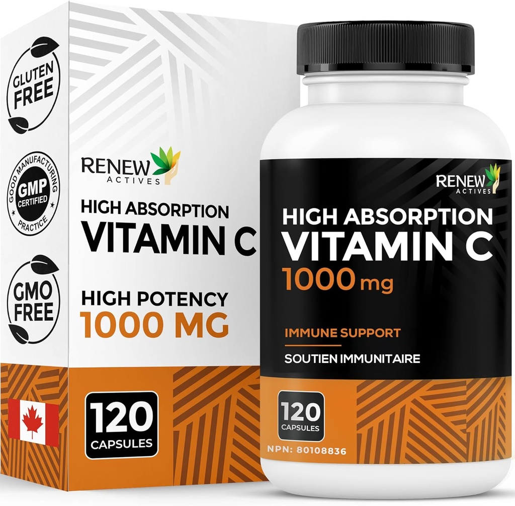 RENEW ACTIVES 最大强度 维生素C 1000MG 每服1 000MG – 抗氧化剂和免疫促进剂促进整体健康,骨骼,牙齿和胶类 – 非GMO,无糖,4-Month供应 – 加拿大制造 – 120 Capsules