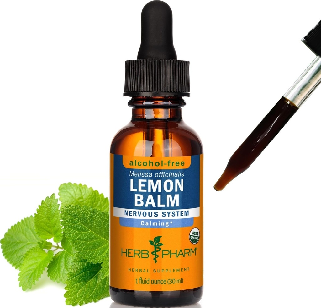 Herb Pharm Lemon Balm, Alcohol-Free: Certified Organic, Nervousness & Over-Excitement Support, Fast-Absorbing & Sugar-Free Calming Extract, Made with Lemon Balm Herb, Liquid Glycerite, 1 oz