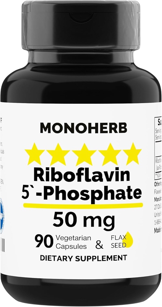 MONOHERB Riboflavina 5'-Fosfato 50 mg - 90 Cápsulas Vegetarianas - Vitamina B2 Bioativa - Made in USA