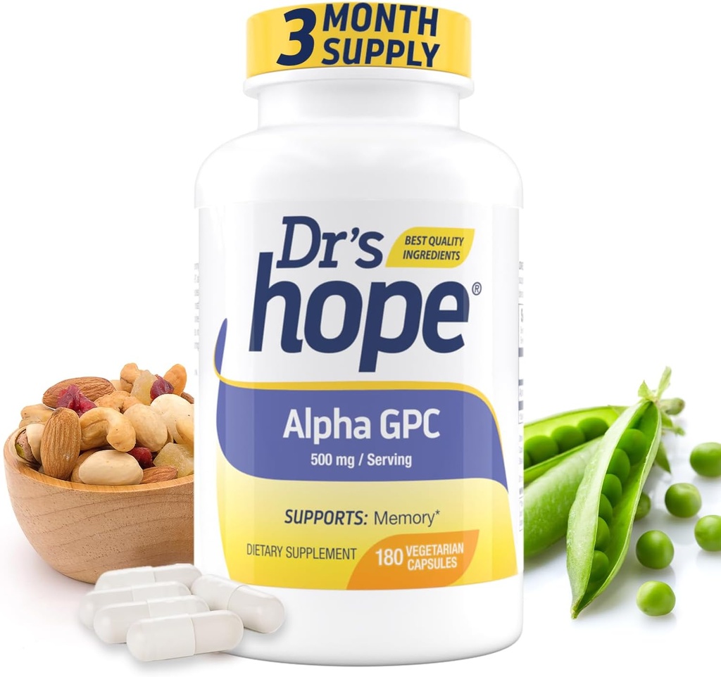Alpha GPC 500mg, Alpha GPC Supplement - Unterstützt Speicher und kognitive Funktion - 180 Veggie Kapseln, Made in USA