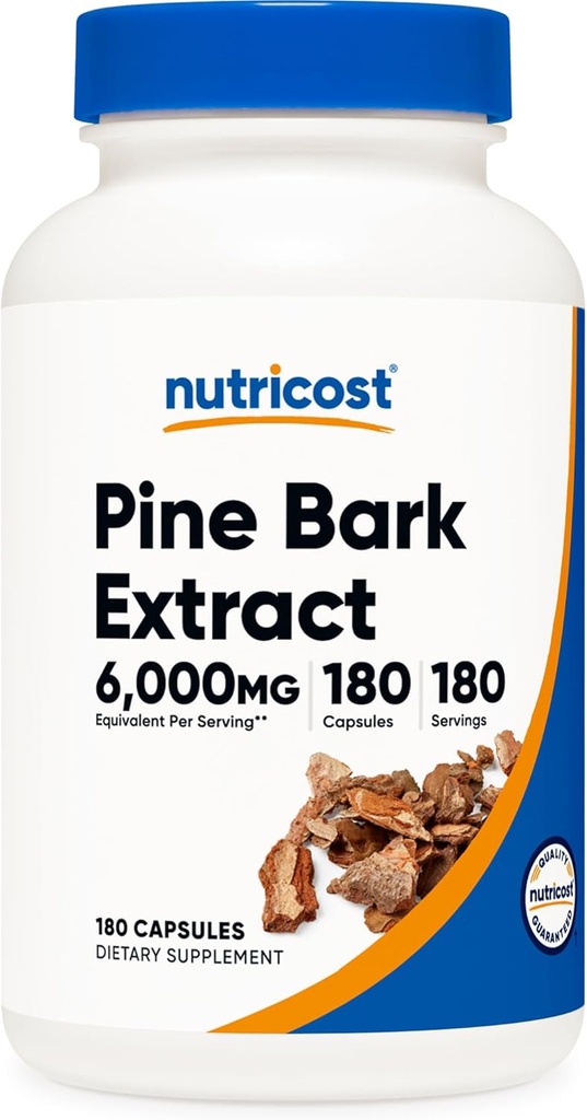 Nutricost Pine Bark Extract 6000mg ekvivalent (od 300mg 20:1 ekstrakta), 180 kapsul, standardizirano, da vsebuje 95% proantocianidinov - vegetarijanski, ne-GMO in gluten brez