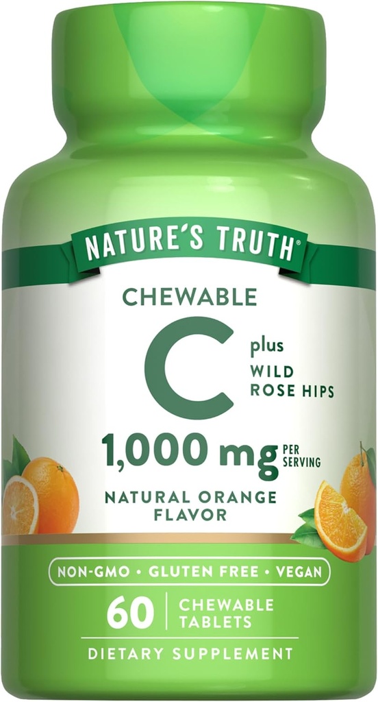 Naturens sanning tuggbar vitamin C med Rose Hips | 1000 mg | 60 tabletter | Vegan, icke-GMO & Gluten fri tillägg