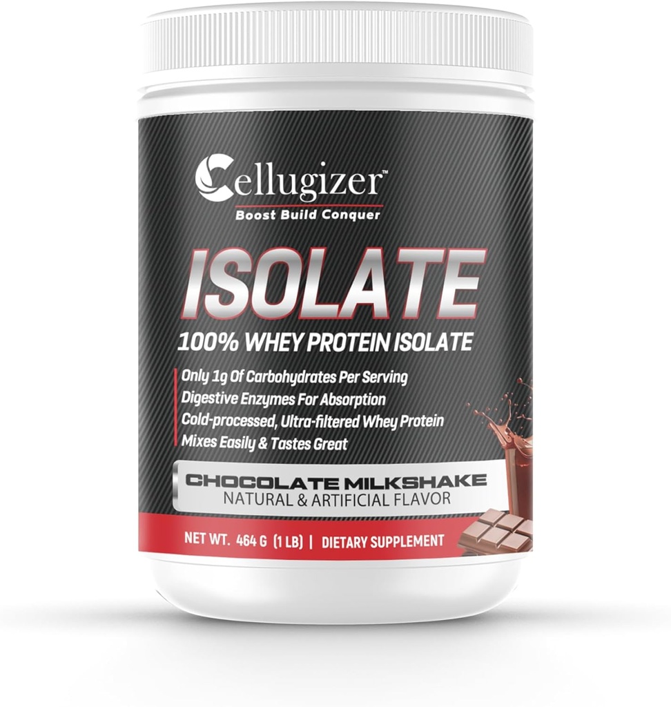 Cellugizer % 100 Whey Isolate 1lb, Chocolate I 25g Protein, Fast Digesting I 0g Sugar, Low Carb