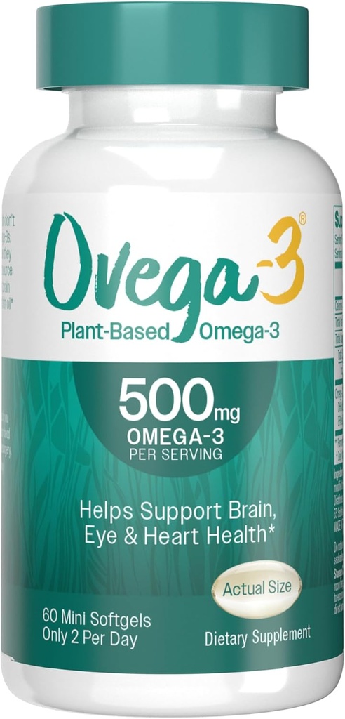 OVEGA-3 Rastlinsko-based Omega-3 iz Algal Oil Daily Supplement, 500mg, Podpira možgane, zdravje oči in srca, Dva mini mehkobe na dan, 60 Število