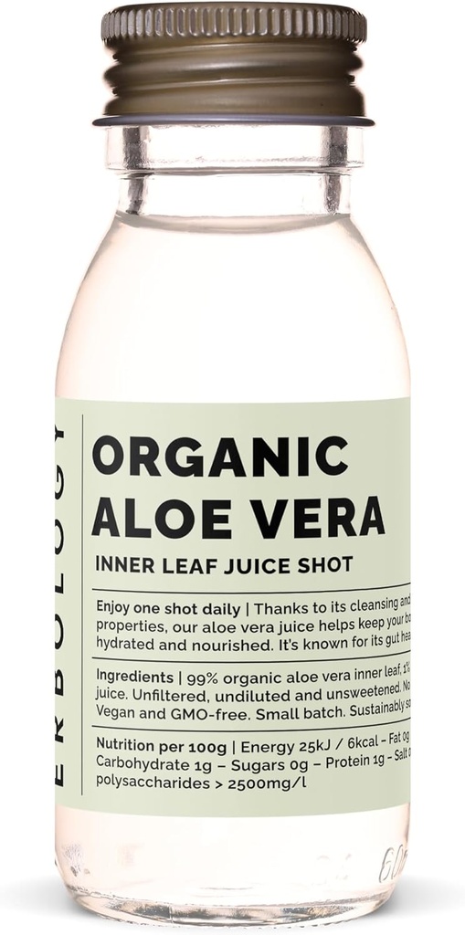 Erbology Organic Aloe Vera Juice 12 prises de vue quotidiennes (2 fl oz) - Immunity Support and Detox - from Inner Leaf - Straight from Farm in Spain - Non dilué - Pas de sucre ajouté - Non-OGM - Bouteille en verre recyclable