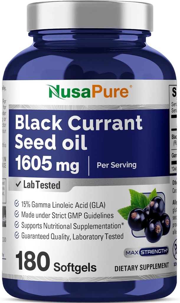 NusaPure Black Currant Seed Oil 1605 мг гамма-линолевой кислоты (GLA) 15% 180 софтгелей (не-ГМО, без сои)