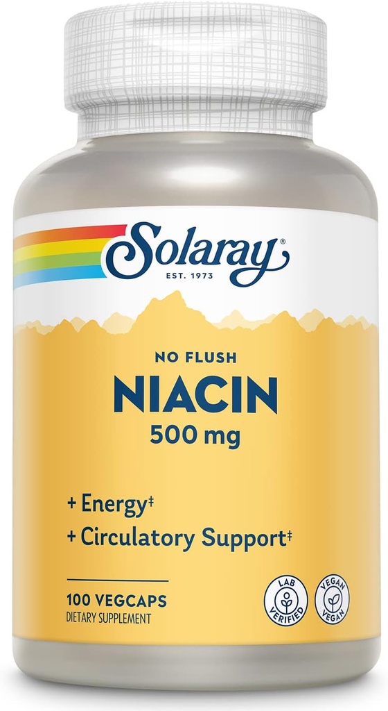 SOLARAY No Flush Niacin 500mg, Flush-Free Vitamin B3 Niacin, Energy and Circulatory System Support, Vegan, Lab Verified, 60-Day Money-Back Garanti, 100 Xidmət, 100 VegCaps