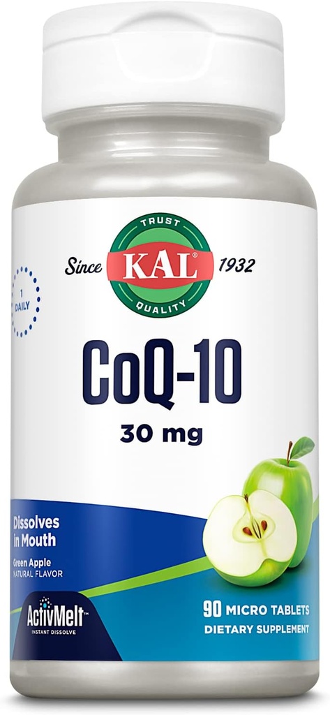 KAL CoQ10 30mg, Fórmula antioxidante, suplemento Q10 de coencima para a saúde cardíaca e soporte de enerxía celular, ActivMelts de disolución rápida, Vegetarian, Natural Green Apple Flavor, 90 Serv, 90 Micro Tablets
