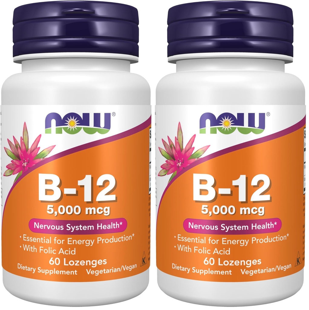 NOW Supplements, Vitamin B-12 5,000 mcg, with Folic Acid, Nervous System Health*, 60 Lozenges (Pack of 2)